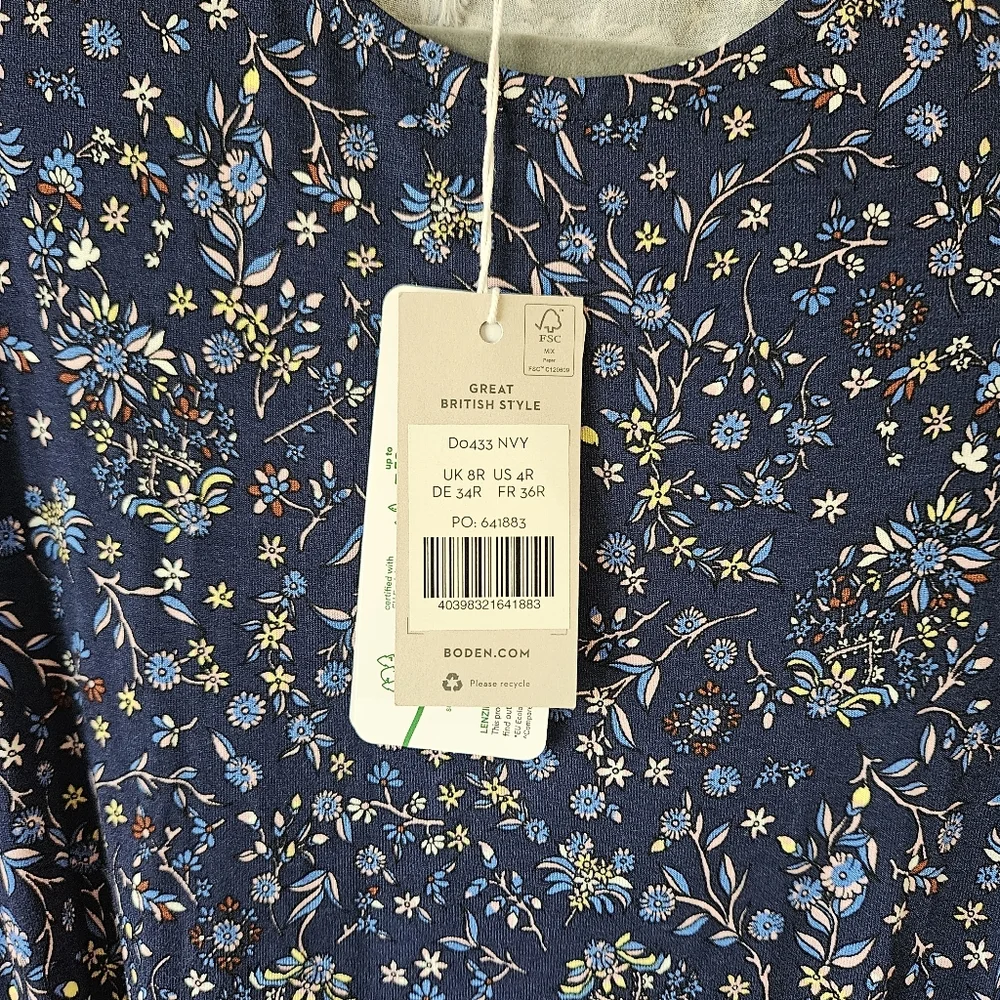 Boden Navy Ditzy Floral Longsleeve Midi Dress, NWT Size 4 Tie Waist Springy - Picture 5 of 10